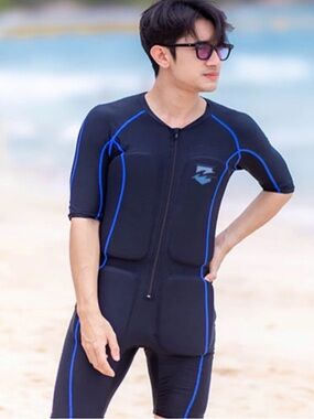 Men's NuWave Black Blue Short-Sleeve Flotation Swim Suit Front Zip XL NWT